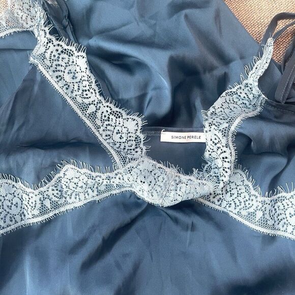 Simone Perele Blue Satin Slip V Neck Lace Adjustable Straps XS S FR Cami Chemise - Picture 3 of 4